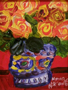 米政府野間仁根　「薔薇」　額装３号　野間の嬉嬉として描く姿が眼に浮かぶが如き、発色豊かにして色鮮やかな、遊び心満載の花瓶花図です 静物画